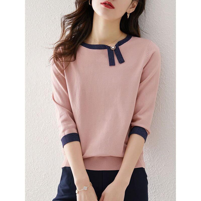 Three-point Sleeve Knitted Shirt Women's Spring/Summer 2024 New Fashion Loose Age-reducing Design Sense Niche Pullover Shirt Women