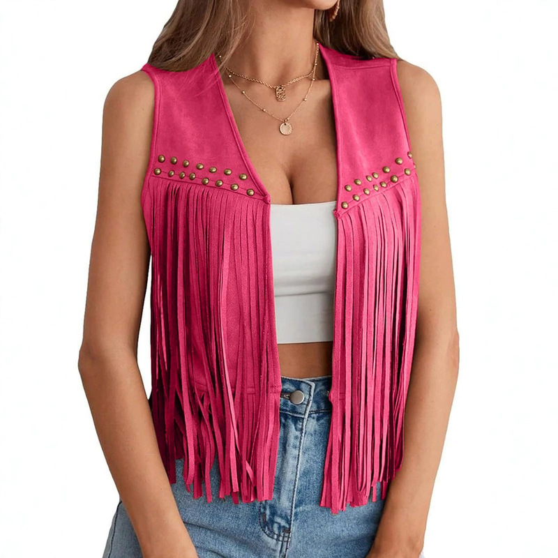 2026 European and American Cross-Border New Product Women's Rivet Tassel Fashion Sleeveless Vest 70S Hippie Jacket Vest for Women