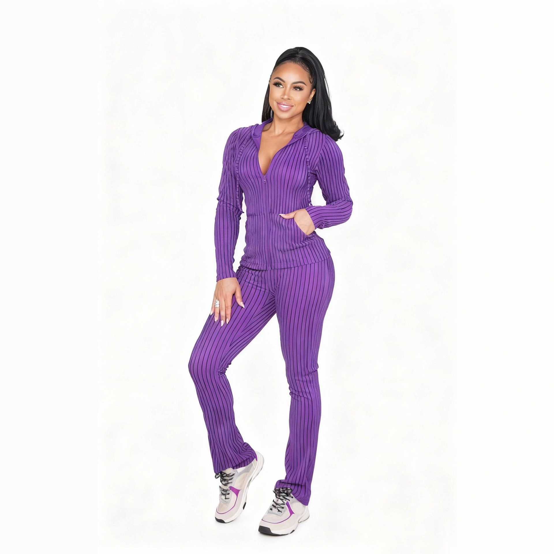 CM9542 Geripptes Kapuzen-Sportset für Damen, Herbst/Winter, hohe Elastizität, bedruckt, lässig, offene Tasche, europäisch-amerikanischer Stil_voghion.com