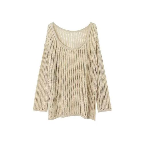Women's Summer Lazy Style Loose Sun Protection Blouse with Hollow Knit Long Sleeve, Round Neck Design, Pure Color Top with Unique Details
