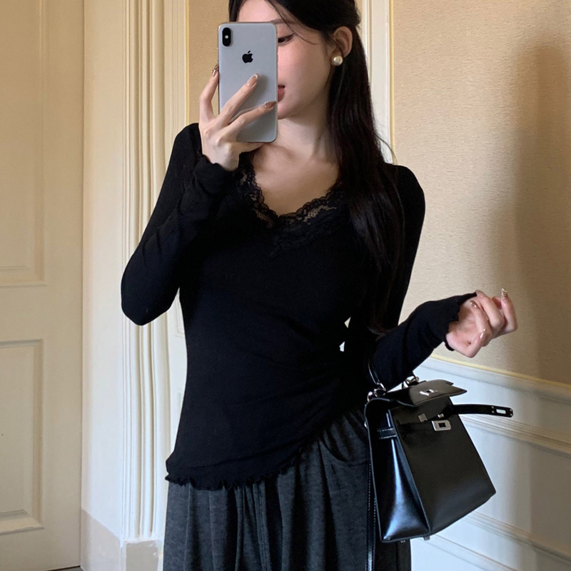 ベルベット保温長袖女子春秋小香内にtシャツ純欲vネック上着レースシャツ修身ニット|undefined