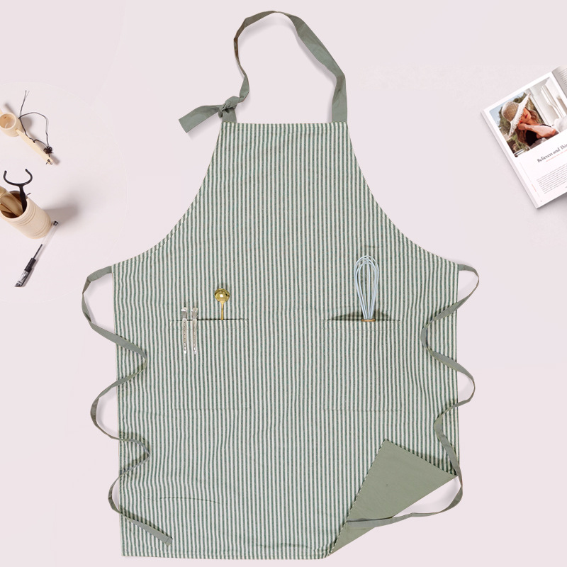 Amazon transfronterizo doble delantal de algodón estriado cuello ajustable barista ropa de trabajo delantal de cocina