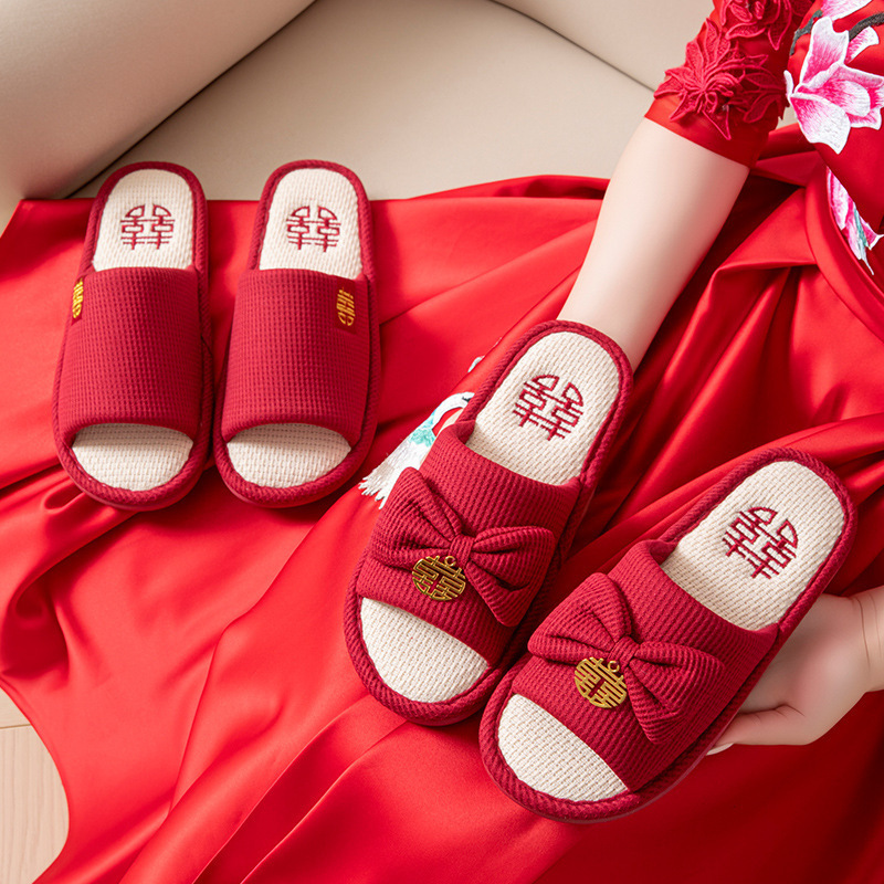 Wedding Slippers for Couples, Newlywed Home Slippers, Summer Red Festive Slippers for Men and Women, Wedding Dowry Bride Slippers for All Seasons