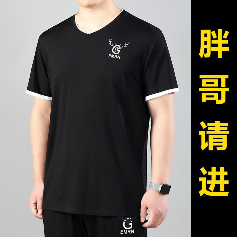 Men's V-Neck Short-Sleeved T-Shirt 2023 New Summer Plus Fat Plus Fake Two-Piece Half-Sleeved Large Size Trendyy Simple T-Shirt