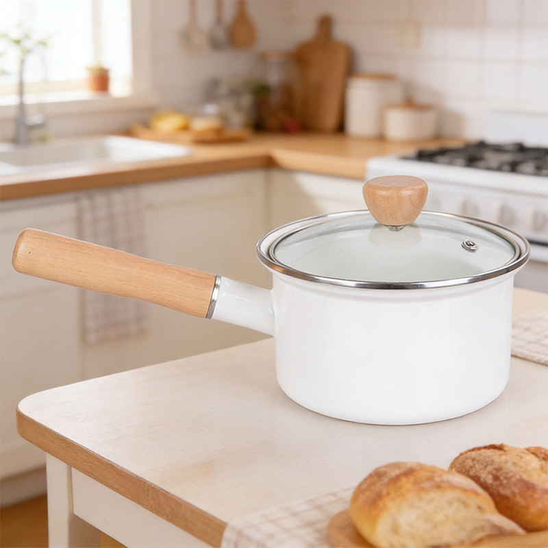 1.2L Baby Food Supplement Milk Pot Single Handle Instant Noodle Pot with Lid Enamel Uncoated Small Milk Pot Enamel Soup Pot Anti-Spill Pot