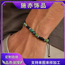 亚马逊欧美新款手链天然石黑玛瑙复古珠子串珠手串时尚男饰品批发
