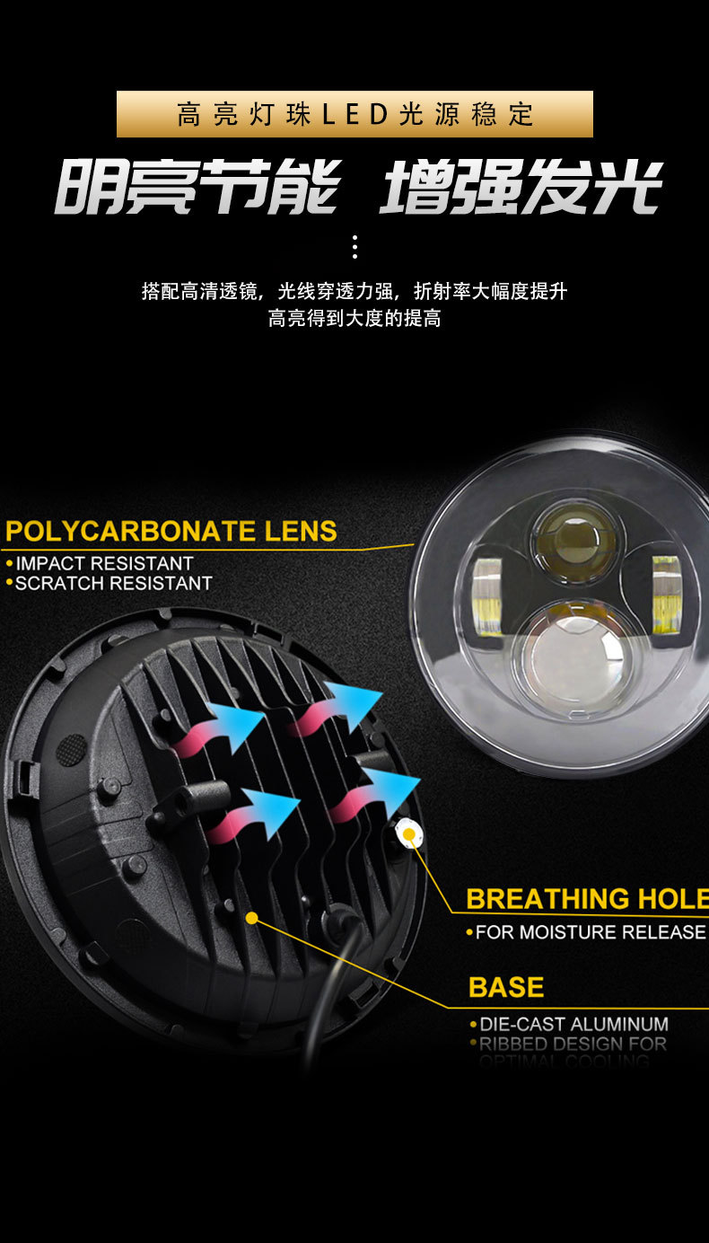 Cross-Border Off-Road 7inch Wrangler Led Headlight Modification Motorcycle Light Angel Eye High and Low Beam Headlight Front Light