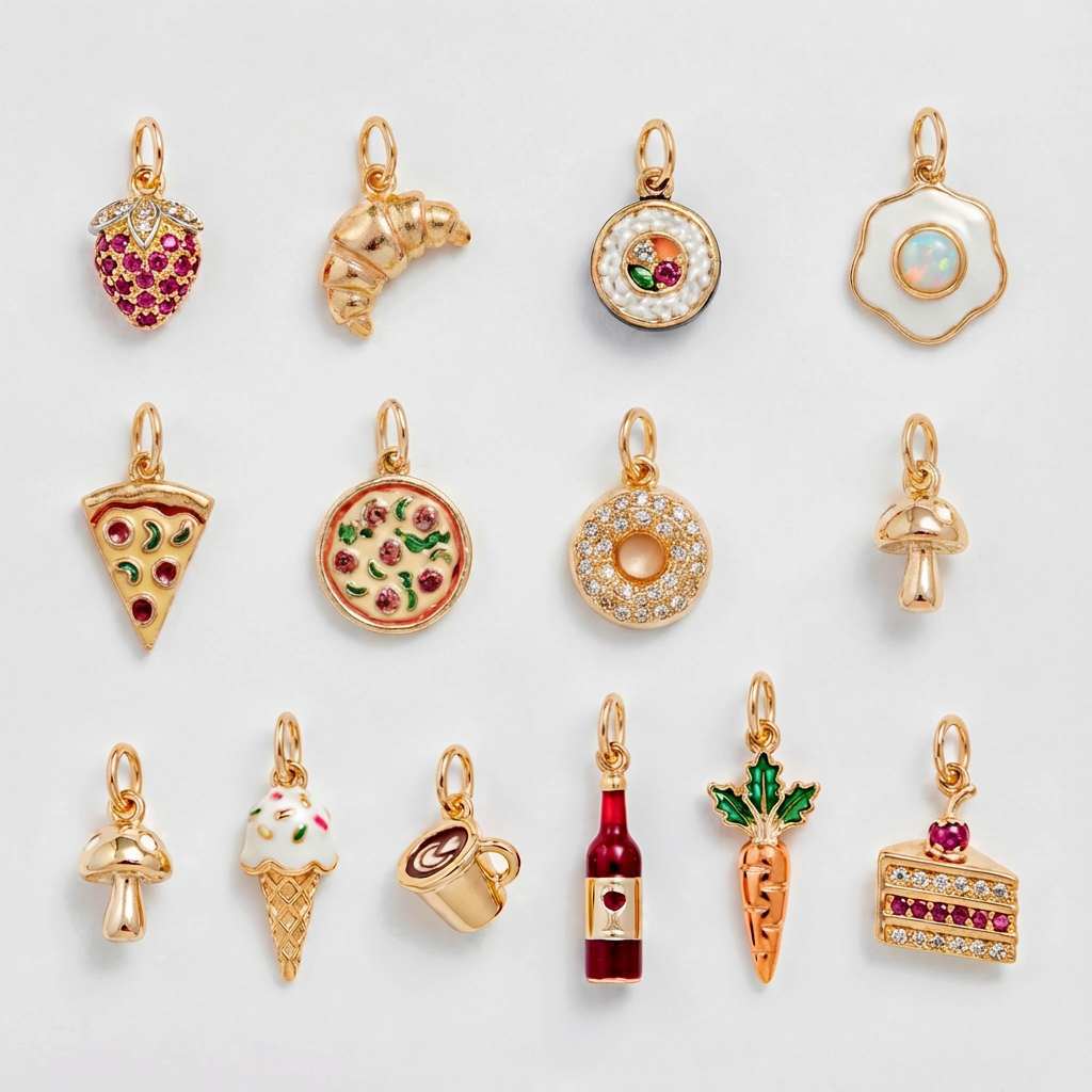 欧美跨境新款精美食系列锆石款吊坠DIY滴油彩绘彩色系列14K金保色