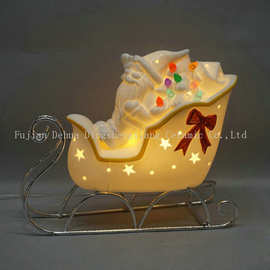 圣诞节装饰家用桌面摆件 陶瓷圣诞老人雪橇发光led灯装饰工艺礼品