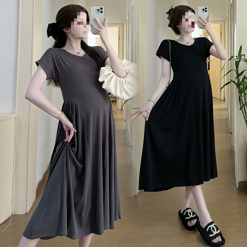 Summer dress for pregnant, thin mini-skirt, long skirt, with short sleeve, city style, V-neckline, loose fit