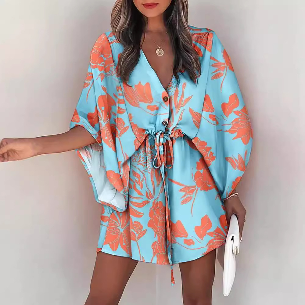 Transfronterizo europeo y americano de verano manga de vuelo Amazon deseo popular con cuello en V con cordones de ocio vestido de vacaciones ropa de mujer