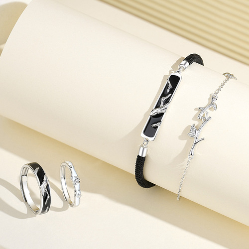 Original dead wood and spring couple's ring 925 sterling silver forest style ins style ring pair of enamel rings 520 gift