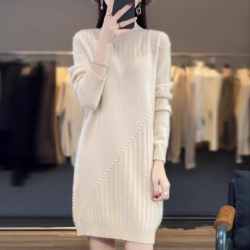 Mid-Length Sweater for Women 2025 Autumn and Winter Half-Turtleneck Knit Dress Loose Slimming Thickened Base Dress Long Sleeve Mid-Length Sweater for Women 2025 Autumn and Winter Half-Turtleneck Knit Dress Loose Slimming Thickened Base Dress Long Sleeve