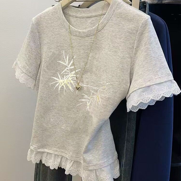 Lace Splicing Fake Two-Piece Gray Cotton Short-Sleeved T-Shirt for Women Summer New Slim Fit Short Top for Women