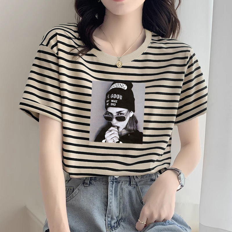 2025新款正肩条纹纯棉短袖t恤女时尚洋气宽松休闲上衣打底衫夏季|undefined