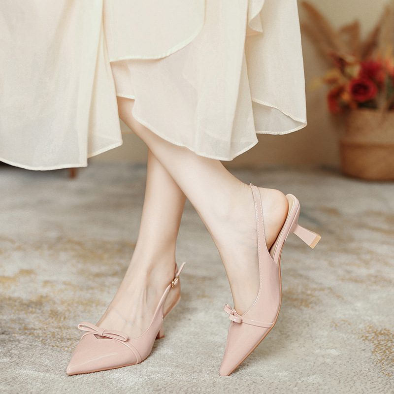 European and American Pointed-Toe Mules for Women Summer New Style French Bow Stiletto Heels Sexy with Skirts and Toe-Cap Sandals