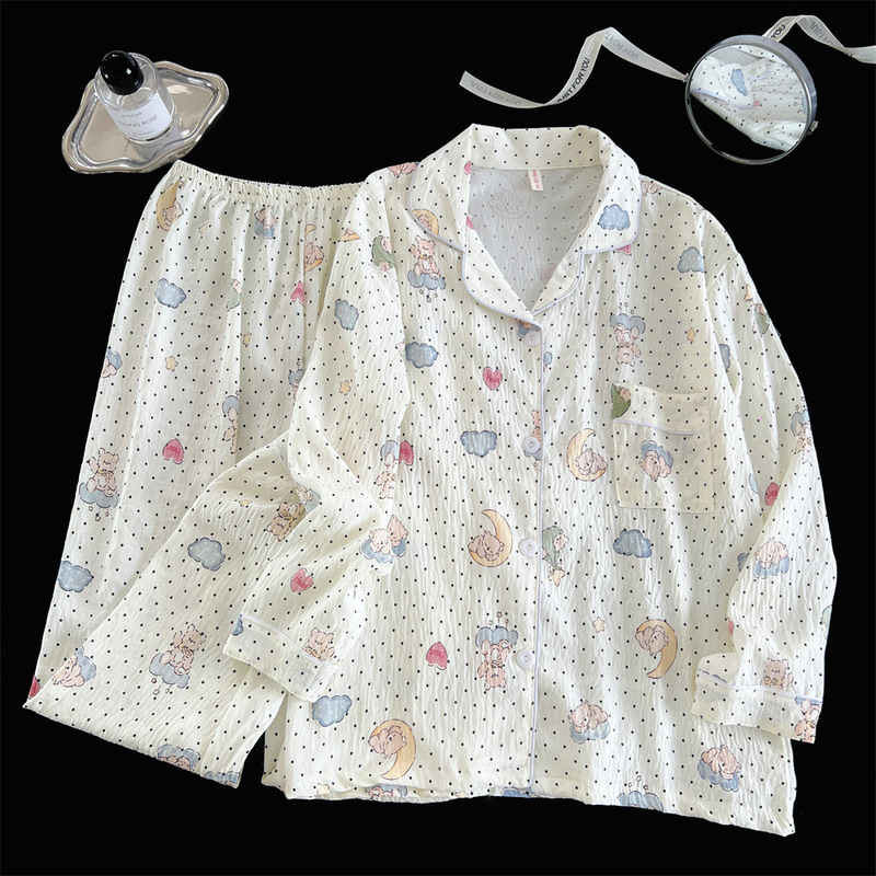 跨境直播睡衣女春秋云朵棉翻领开衫长袖长裤卡通甜美家居服女套装|undefined