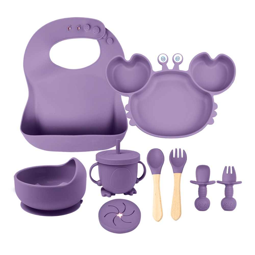 퍼플 9종 세트 (턱받이 + 크랩 플레이트 + 곰 흡착판 그릇(스낵 뚜껑 포함) + 먹이 그릇 + 실리콘 포크 + 나무 손잡이 포크와 스푼)