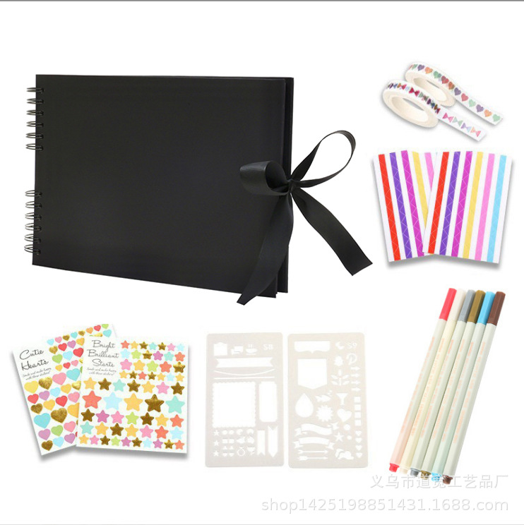 Amazon Cross-Border Hot-Selling A4 Coil DIY Photo Album with Bow, Scrapbook Creative Graffiti Black Card Inner Pages