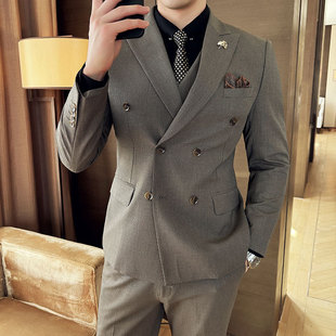 Light Luxury Style Houndstooth Slim Suit Suit Autumn and Winter Double-Breasted Groom's Dress Casual Business Suit Three-Piece Suit