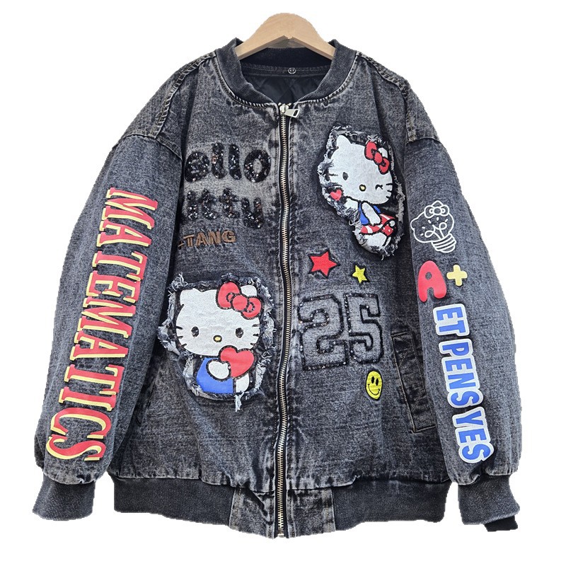 Marca de moda europea desmontable chaqueta de revestimiento interior, chaqueta de vaqueros de dibujos animados extranjeros, chaqueta bordada, chaqueta de béisbol de algodón