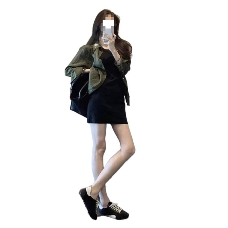 2025夏季新款韩系气质穿搭防晒衬衫黑色显瘦背带裙两件套女|undefined