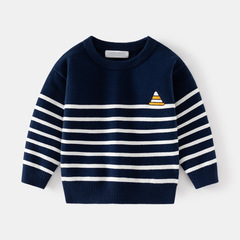 Men's Fine Striped Crew Neck Sweater 24 Spring Model Children's Single Layer Cotton Thread Top Baby Lining Sweater