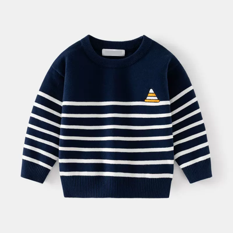 跨境童装男童细条纹圆领毛衣25秋款儿童单层棉线上衣宝宝打底毛衫