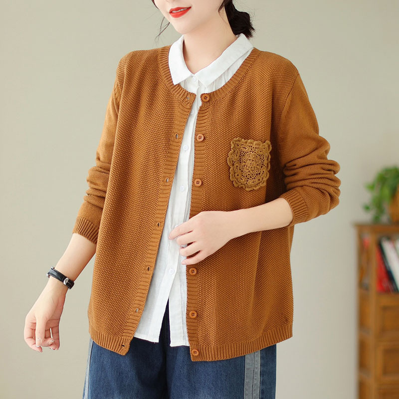 Autumn lace retro solid color cardigan with a round collar