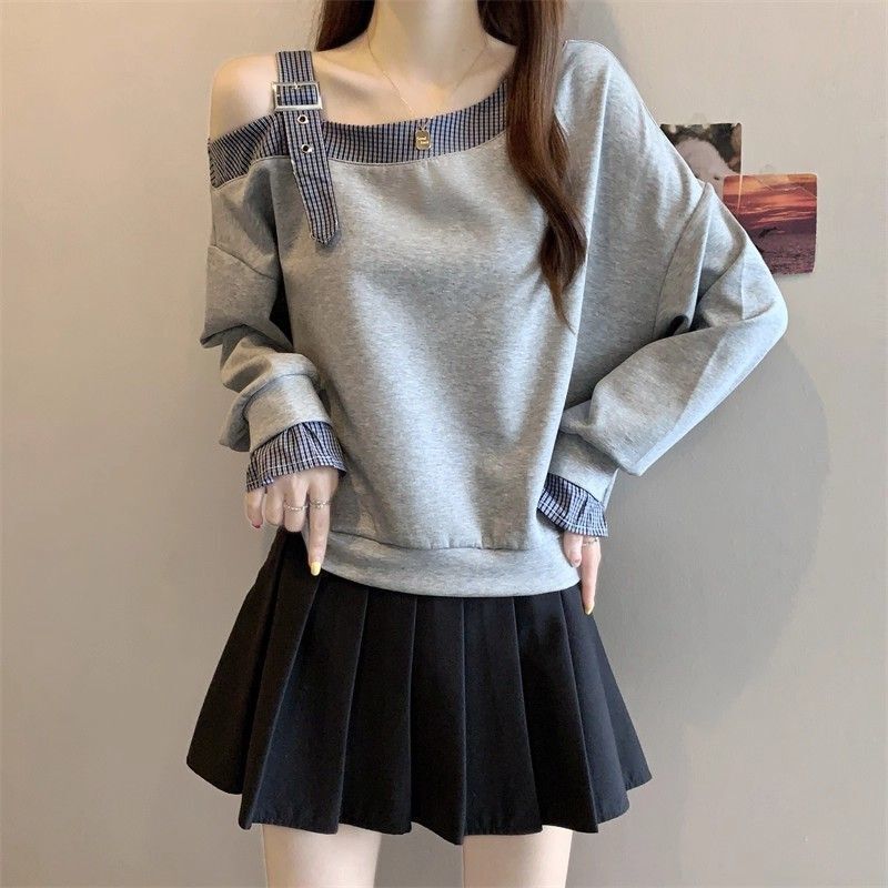 Designed Slant Collar Off-Shoulder Sweatshirt Long-Sleeved T-Shirt for Women Spring & Fall 2025 New Style Short Fake Two-Piece Top for Small People Designed Slant Collar Off-Shoulder Sweatshirt Long-Sleeved T-Shirt for Women Spring & Fall 2025 New Style Short Fake Two-Piece Top for Small People