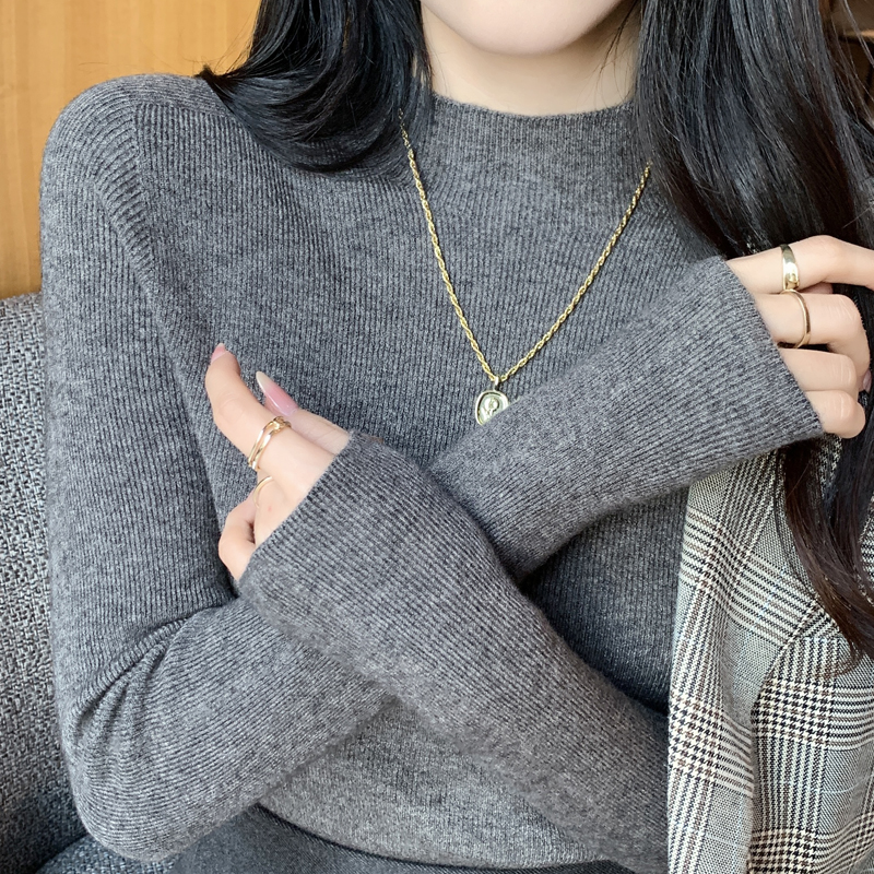 Seamless One-Piece Pure Wool Bottoming Knitwear for Women in Autumn and Winter Slim Half Turtleneck Knitwear with Mid-Collar and Long-Sleeved Knitwear