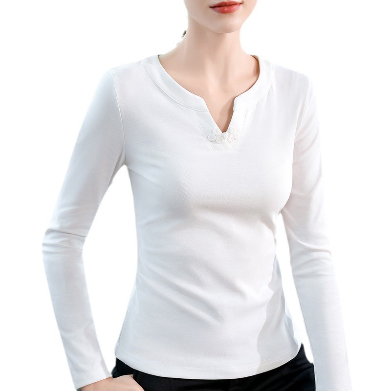 Camisa blanca con cuello en v pequeño para mujer 2024 nuevo otoño e invierno nuevo estilo chino estilo nacional hebilla de disco moda para mujer top delgado image 6
