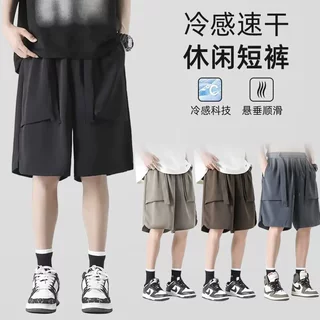 夏季日系复古冰丝短裤男装潮牌薄款设计感宽松冰丝运动休闲五分裤