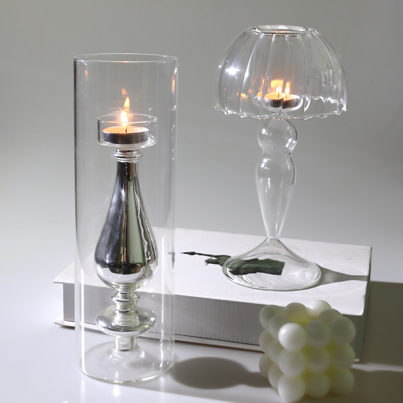 Candelabro de vidrio columnar en forma de paraguas para el hogar minimalista de estilo europeo, decoración de mesa de sala de estar de lujo ligero creativo, botella de vidrio hecha a mano