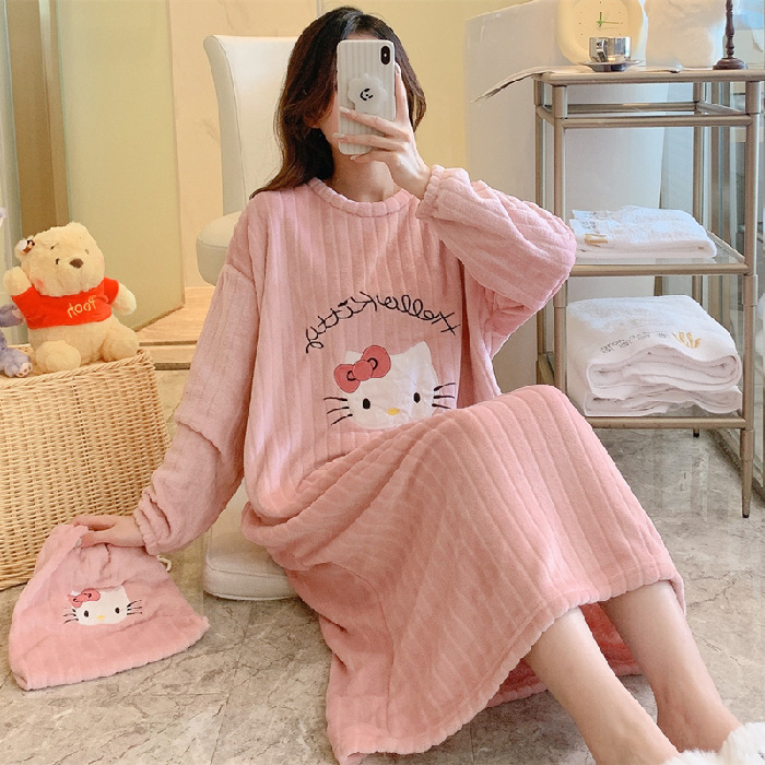 Otoño y invierno pijamas de mujer con bolsas de tela pijamas de franela caliente cuello redondo dulce camisa de coral ropa para el hogar