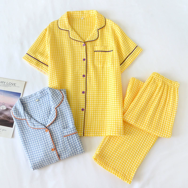 Летний женский хлопковый костюм для домашней одежды, тонкий марлевый кардиган с короткими рукавами, брюки, японская пижама в клетку, свободные