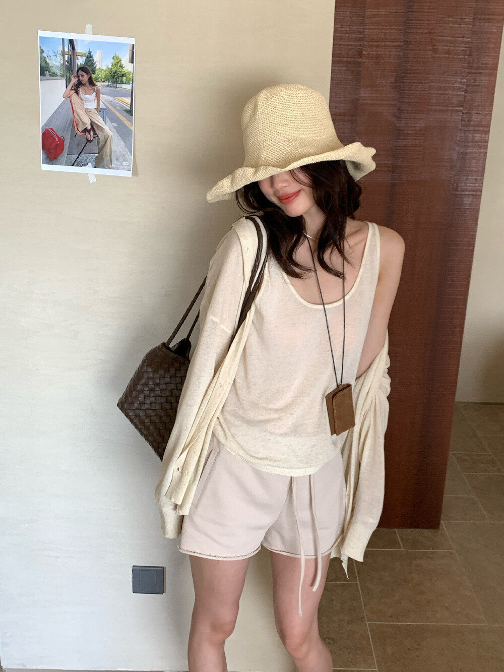 Bộ cardigan len phối áo hai dây nữ phong cách lười biếng mùa hè — yến mạch chi tiết 17