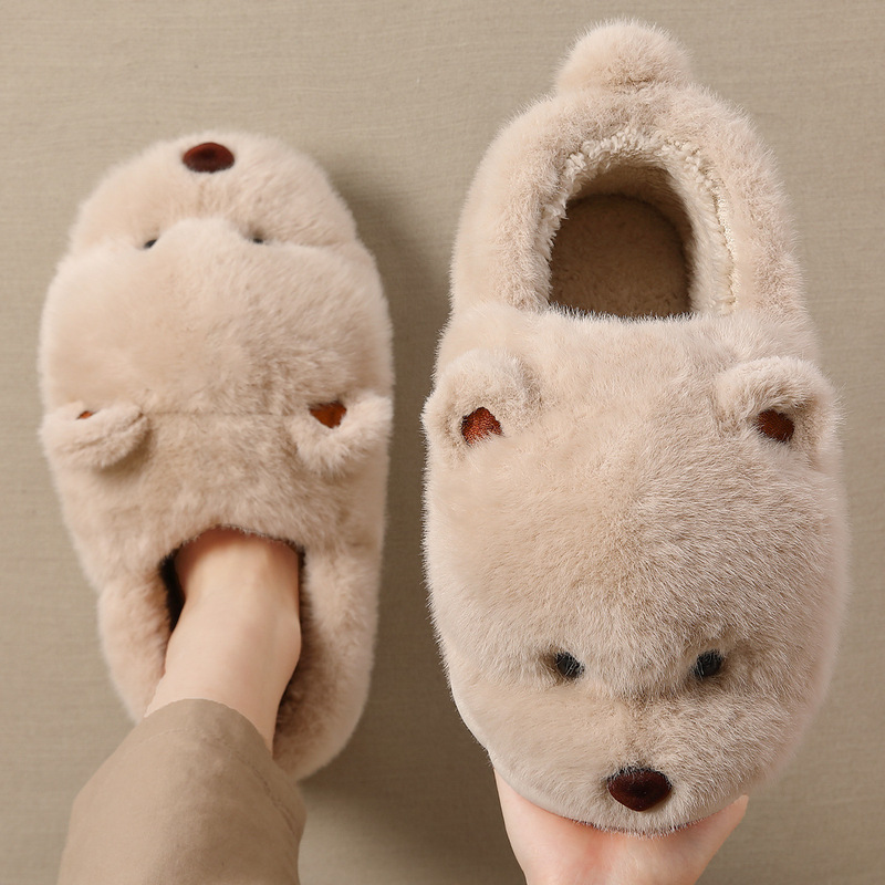 Cute Bear Cotton Shoes for Women, Winter Outdoor Wear, Warm Thick Plush Couple Home Thick-Soled Non-Slip Closed-Back Cotton Slippers for Men