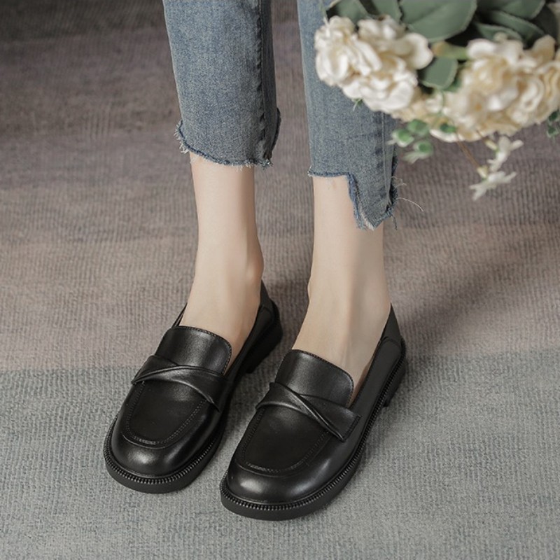 Zapatos de Lefour de cuero suave para mujeres 2026 nuevos zapatos de tacón bajo y plano de moda versátiles zapatos de cuero retrógrados británicos