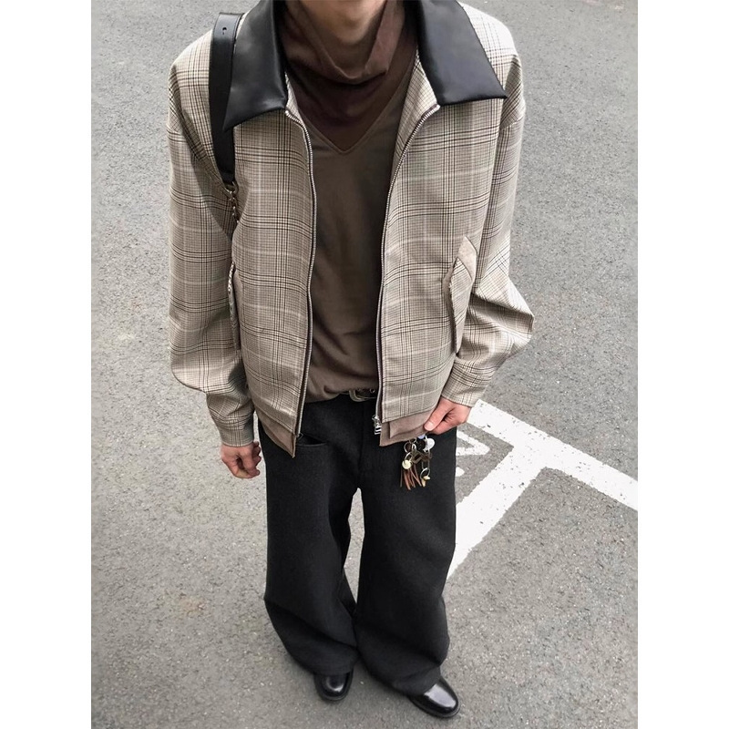 American Retro Houndstooth Jacket for Men and Women, Spring and Autumn Style, Leather Collar, Patchwork, Modified Harrington Jacket, Others