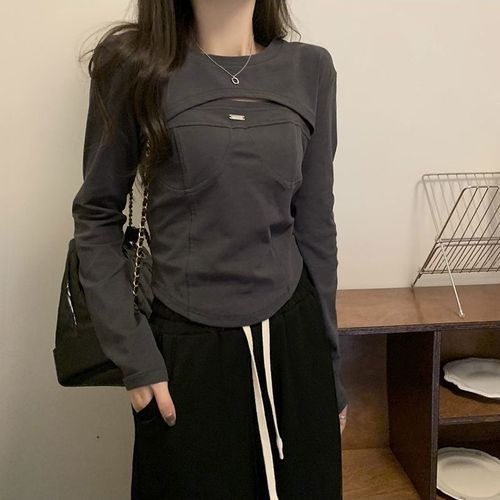 Age-defying versatile pure desire niche long-sleeved round-neck early autumn short-sleeve women's innerwear two-piece faux wrap-inset Instagram trending base shirt