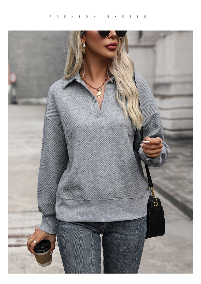 Sweat-shirt à revers d'automne pour femme, couleur unie, haut texturé, bouton décoré_voghion.com