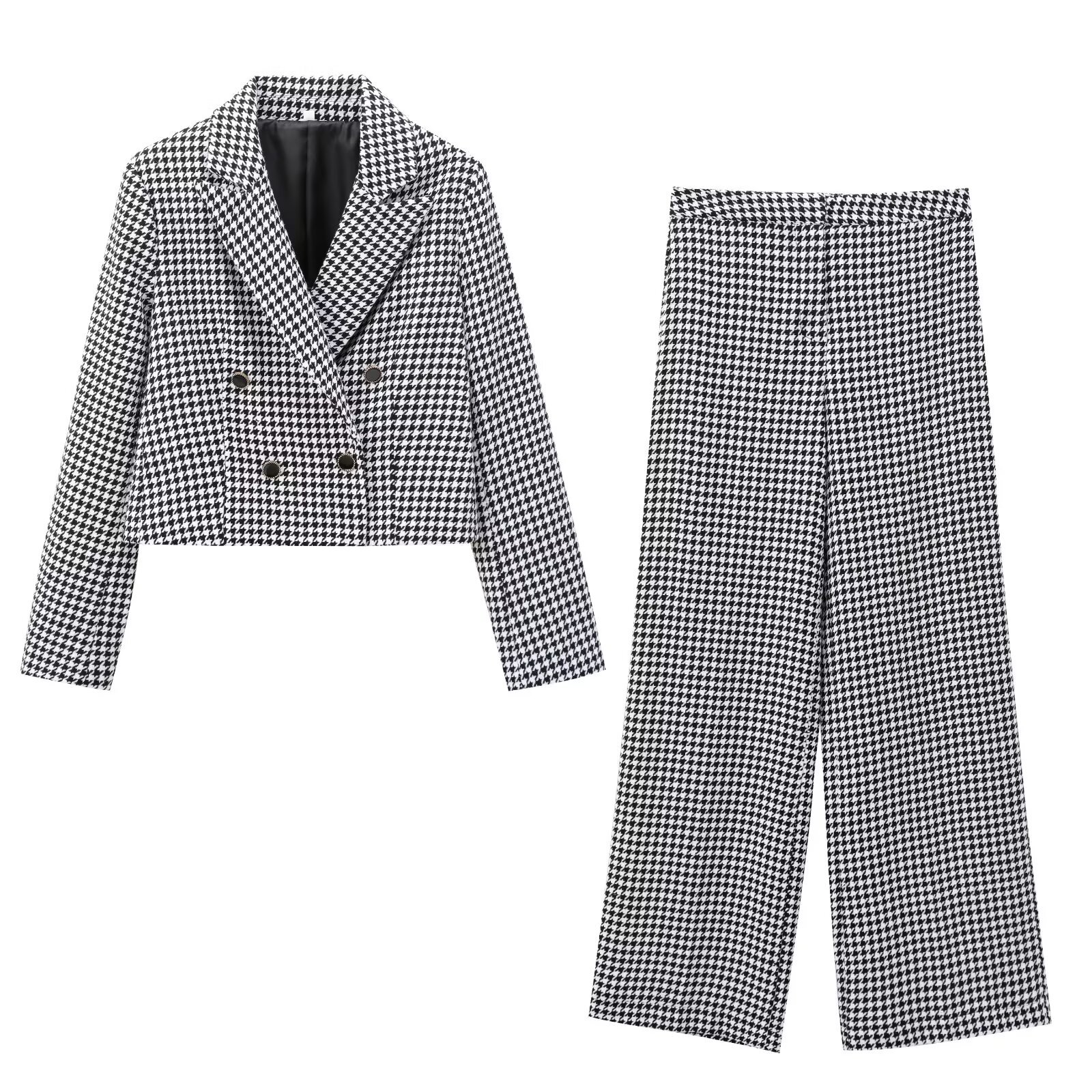 GraceChic 2025 Spring Autumn New Women's Fashion European And American Style French Houndstooth Short Casual Blazer Wide-Leg Pants_voghion.com