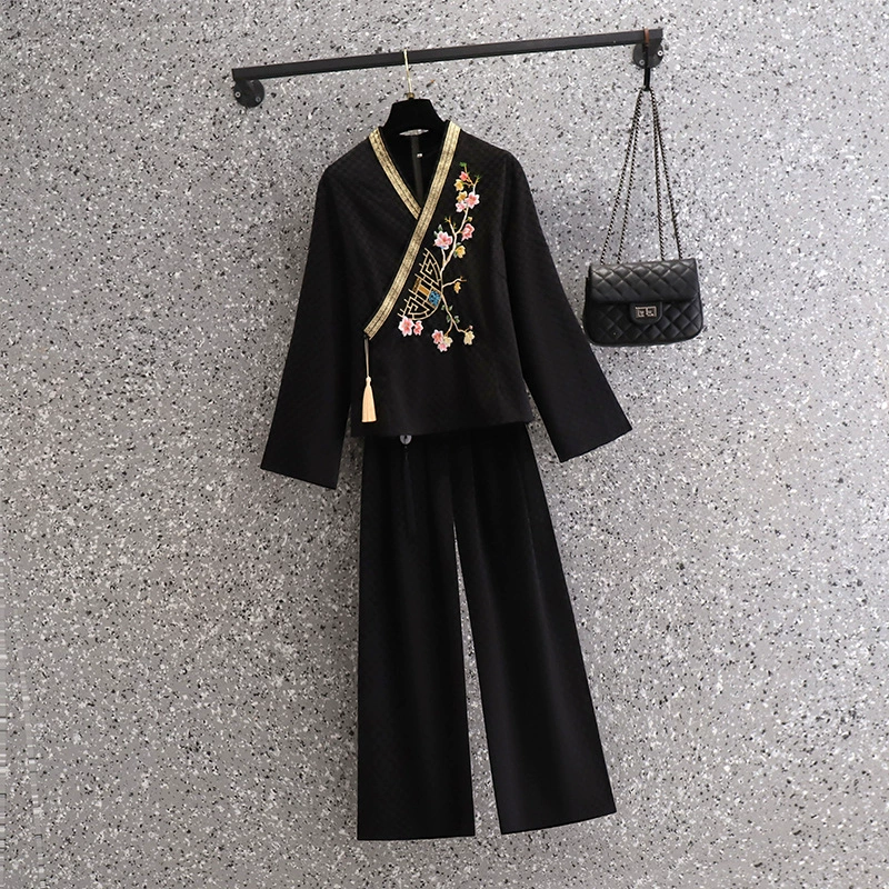  Demi-season velvet retro cheongsam, trousers for work, with embroidery, Chinese style