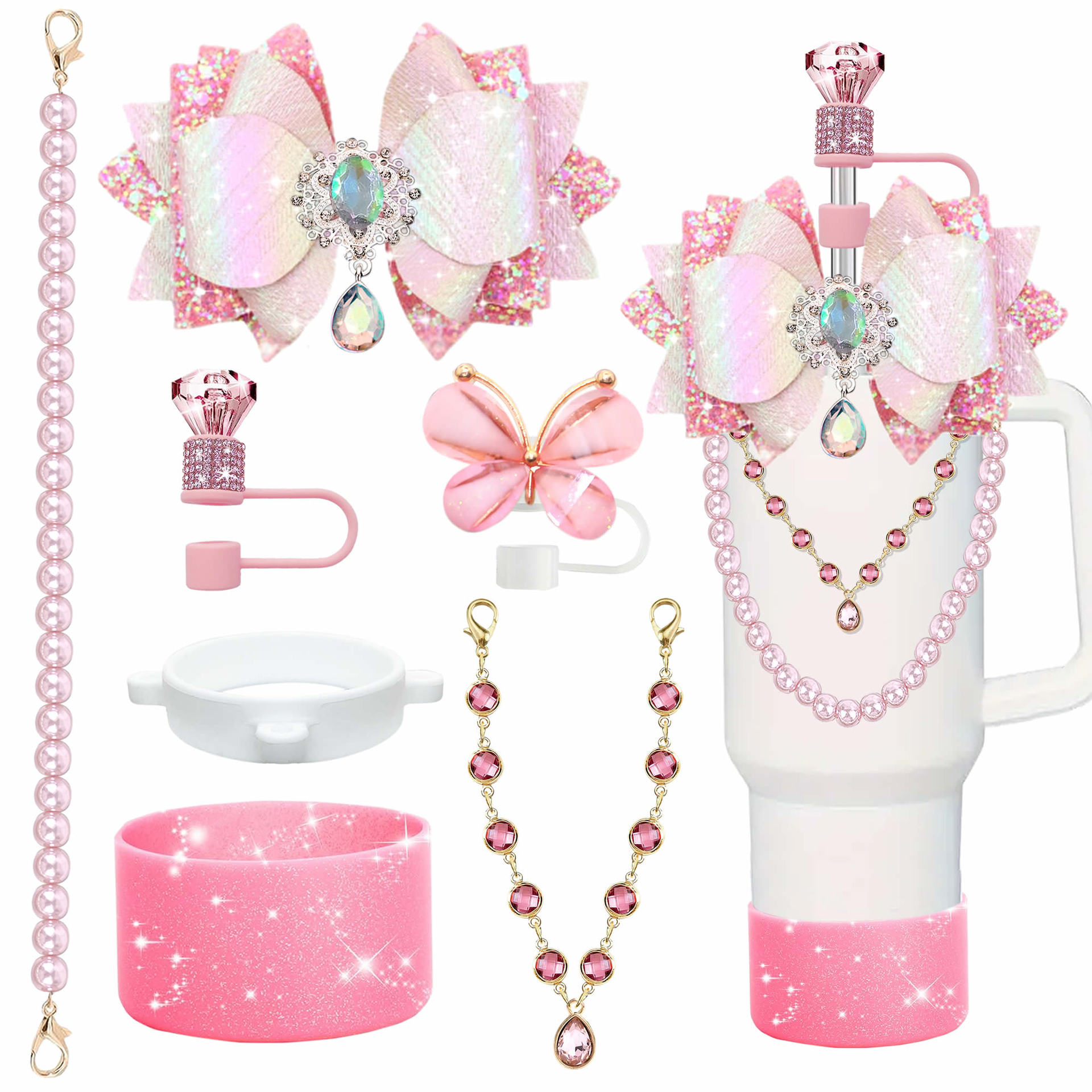 Accesorios de taza Stanley colgante de cuerda de mano flor de silicona gorra de paja de peluche colgante de taza cadena de taza de color cubierta de taza