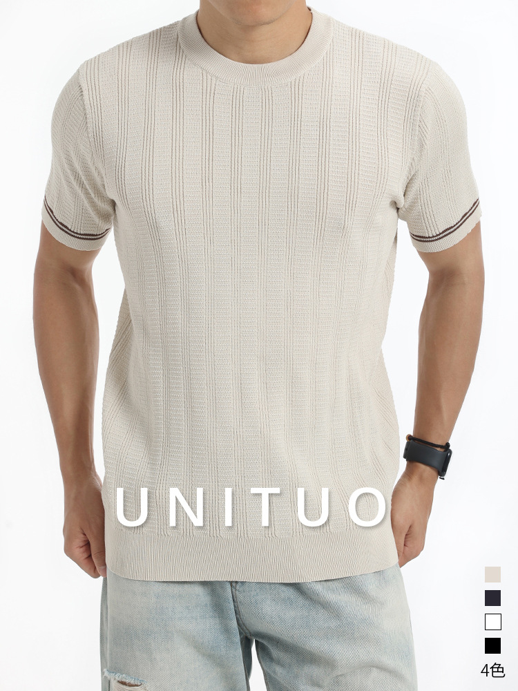 Europa y América transfronterizos hombre hielo tejido camiseta de manga corta cuello redondo textura vertical borde de color contraste chaqueta casual de negocios para hombre