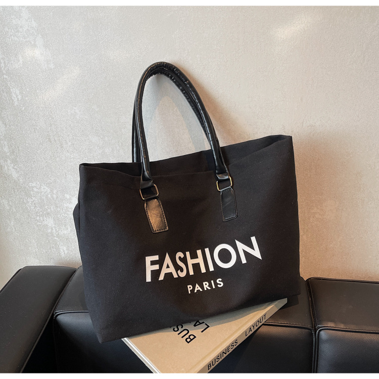 262g Weight Polyester Lining Material Open Closure Type Single Shoulder Strap Strap Type Tote Bag Bags Type Holiday, Daily Occasion Canvas Material Letter Pattern All Seasons Season Women's Gender Classic Style Style Square Shape Large Size Women's Large Canvas Letter Classic Style Square Open Tote Bag 29