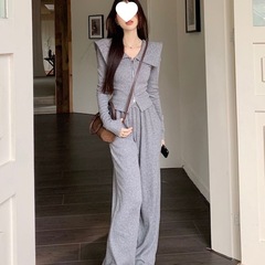 2025秋冬新款娃娃领时尚套装女修身显瘦翻领外套休闲阔腿裤两件套
