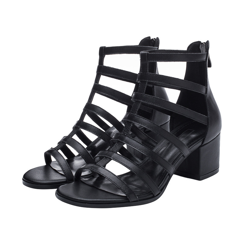 Sandal nữ cao gót siêu cao da bò kiểu La Mã cổ cao gót thô — Màu đen chi tiết 25