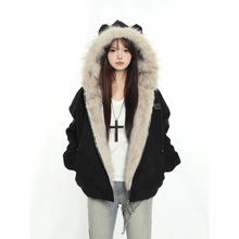 美式复古毛领兔耳座山雕棉服女2025冬季新款宽松时尚加厚保暖棉衣